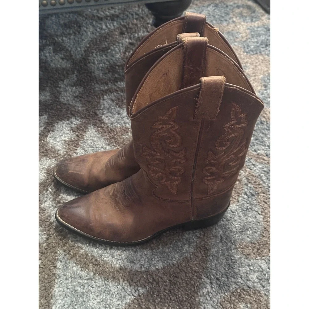 Cowboy Western Boots Embroidered Leather Pull On Brown Boots